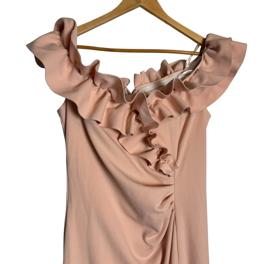 Xscape Blush Pink Long Stretch Scuba Crepe Ruffled Ruched Slit Formal Dress 14 - Picture 3 of 10